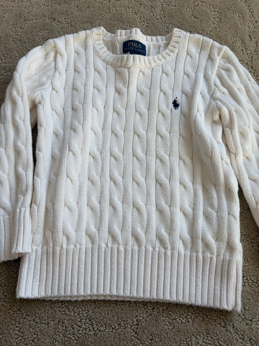 Polo by Ralph Lauren Cream Cable-Knit Crew Sweater with Navy Pony